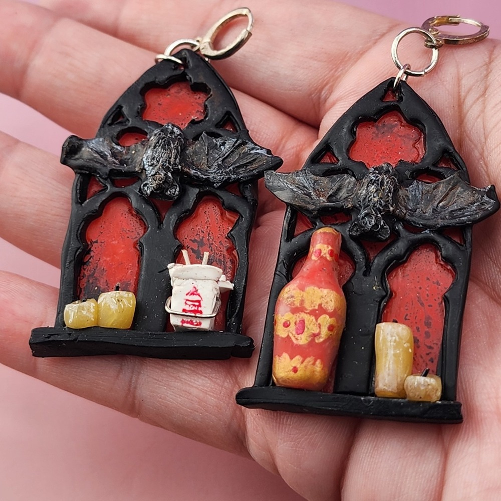 Gothic Bat Window Dangle Earrings Red Black Candle Bottle Novelty Halloween